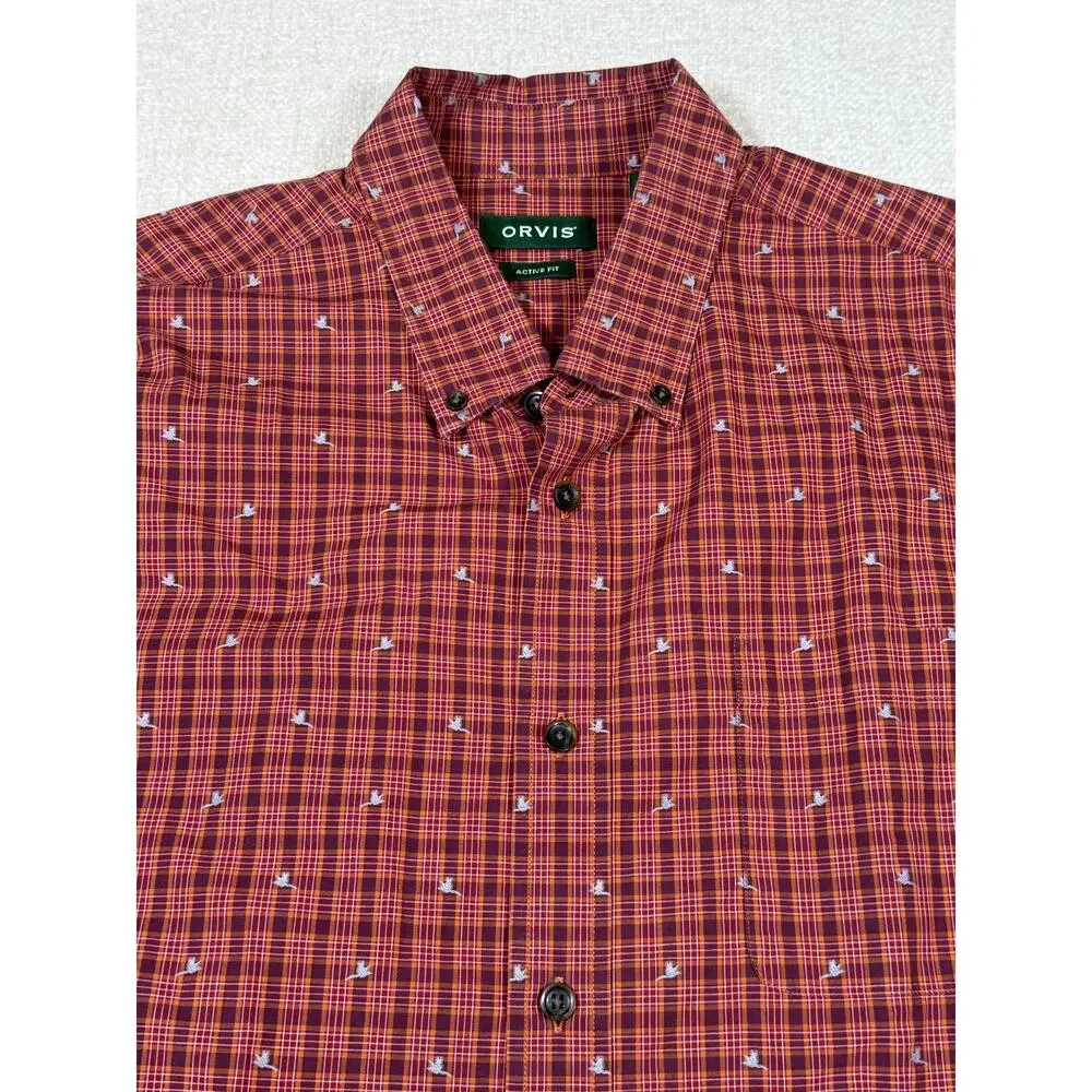 Orvis Active Fit Mens XL Orange Plaid Long Sleeve Casual Geese Outdoor Shirt